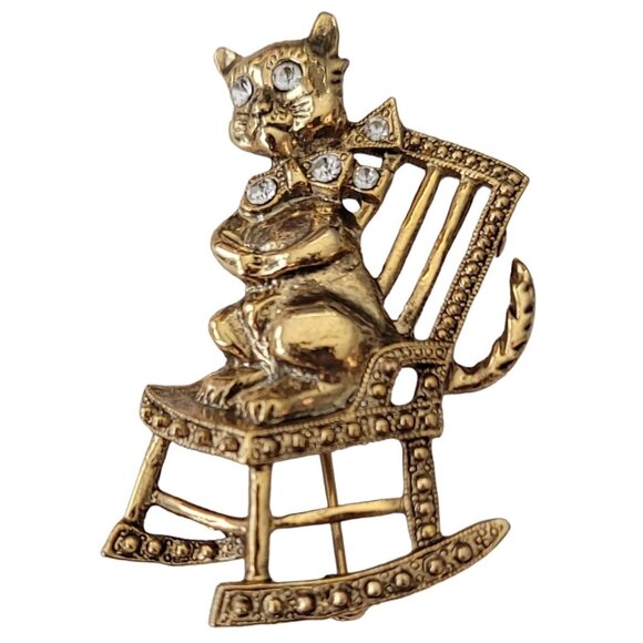 1928 Brand Clear Rhinestone Cat in Rocking Chair Brooch Pin E638 - Picture 2 of 11